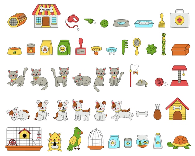 Set of cute pets and pet accessories in cartoon style