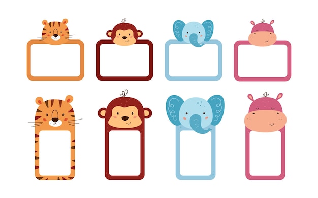 かわいいフォトフレームとメモ用紙で飾られた動物の頭のセット。日記、時刻表、メモ用のかわいい動物シートテンプレート。テキスト用のスペースのあるボックス。白い背景で隔離のベクトルイラスト