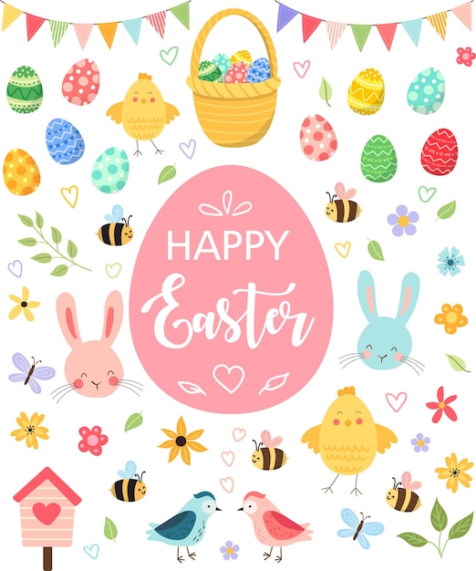 set of cute pictures for Easter funny animals insects and flowers