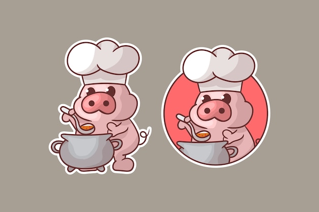 Set of cute pig cook mascot logo with optional appearance.