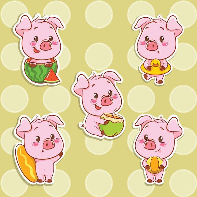 귀여운 돼지 여름 스티커 개념 세트