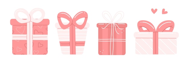 A set of cute pink cartoon gifts Valentine's Day vector isolated illustration Gift boxes collection