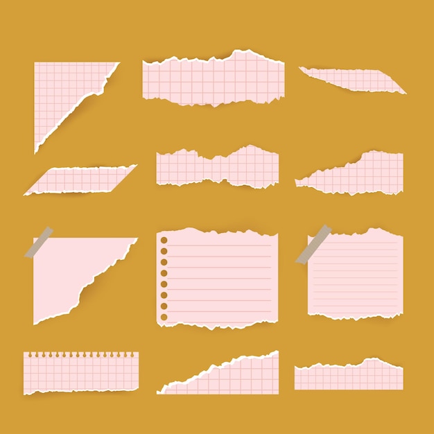 Set of cute pink paper different shapes ripped scraps fragments wisps isolated