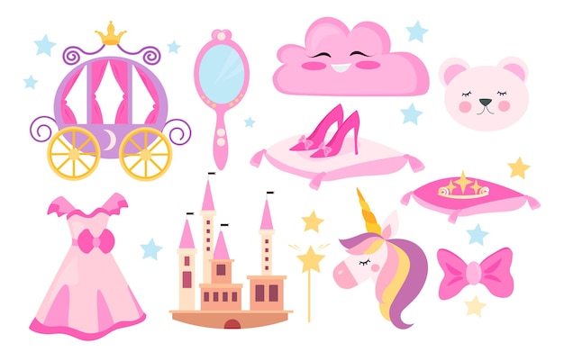 Vector set of cute pink princess icons on white background poster with unicorn castle crown flamingo girls