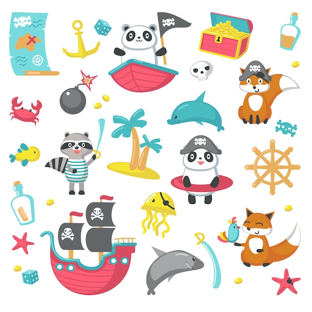  set of cute pirate animals and marine items