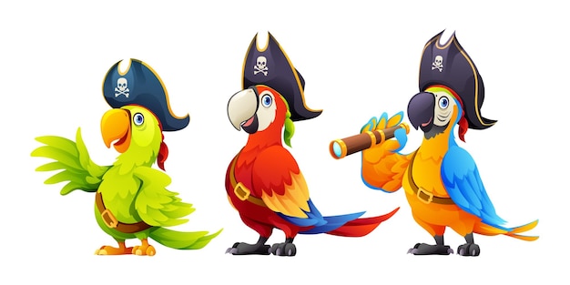 Набор симпатичных карикатур на пиратских птиц на белом фоне