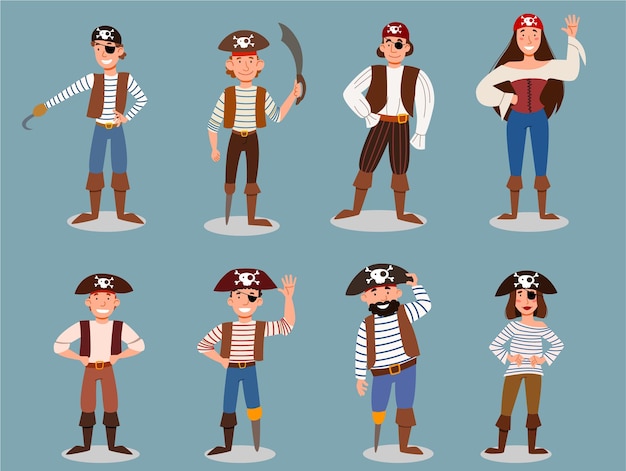 A set of cute pirate characters vector illustration in cartoon style