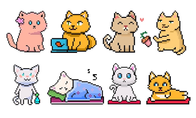 Vector set of cute pixel art of cats