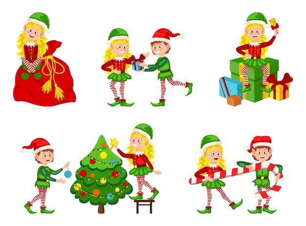 Set di simpatici elfi di natale giocosi. collezione di simpatici aiutanti di babbo natale. fascio di aiutanti di babbo natale con regali e decorazioni natalizie.