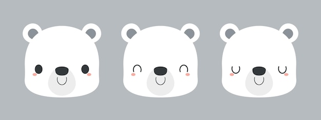 Set of cute polar bear cartoon icons Flat vector illustration