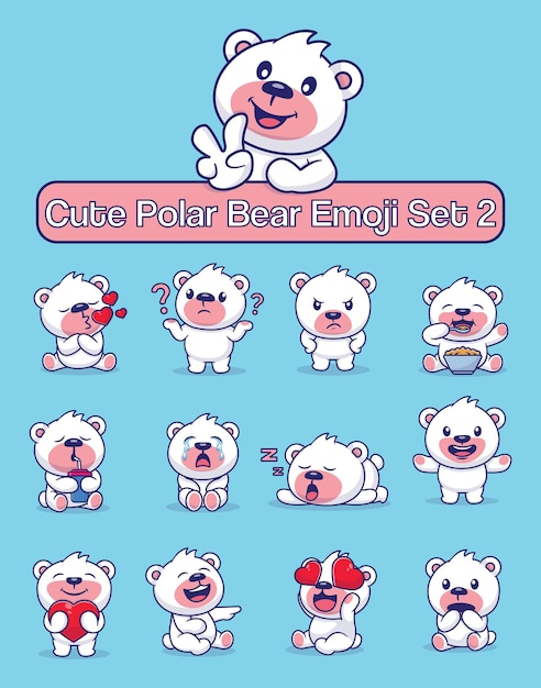 Set of cute polar bear characters with different emoticons