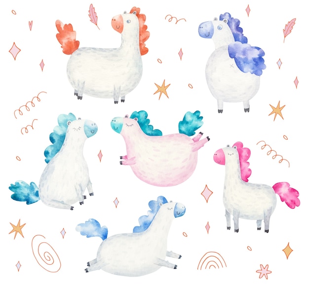 Set of cute ponies, children's watercolor illustration