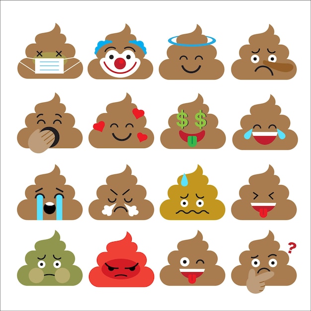 Set of cute poop emoticons, emoji flat design, vector illustration.