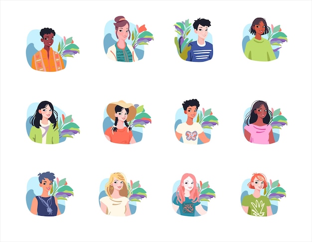 Set cute portraits of happy people on a white background cartoon characters woman and man vector