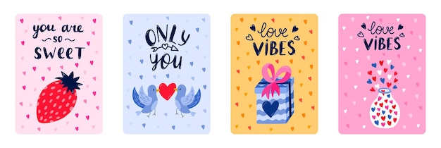 Set of cute postcard for Happy Valentine39s day birthday or other holiday Posters with lettering and vector hand drawn illustration about love romance holiday 14th February Greeting card template