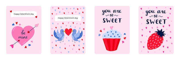 Set di simpatiche cartoline per il compleanno di happy valentine39s day o altre festività poster con scritte e illustrazione disegnata a mano vettoriale sulla vacanza romantica d'amore 14 febbraio modello di biglietto di auguri