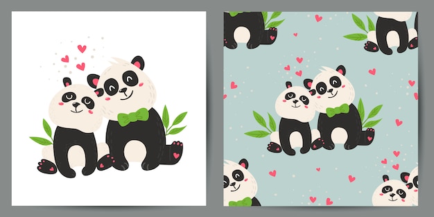 Vector set of cute postcard and seamless pattern with pandas.