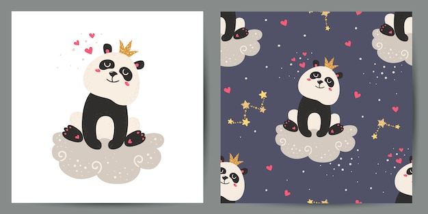 Vector set of cute postcard and seamless pattern with pandas.