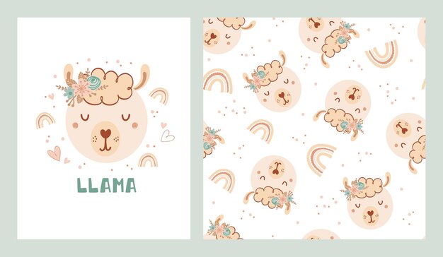 Set a cute poster and seamless pattern with lama, rainbow and poster with the lettering Llama. Collection animals and flowers in flat style for kids clothing, textiles, wallpaper. Vector Illustration