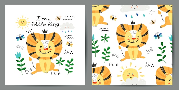 Set of cute poster and seamless pattern with lions