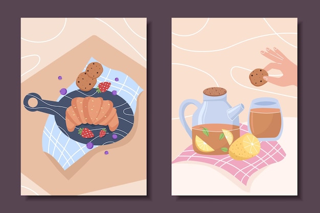 Vector set of cute posters with still life for the interior croissant tea with lemon