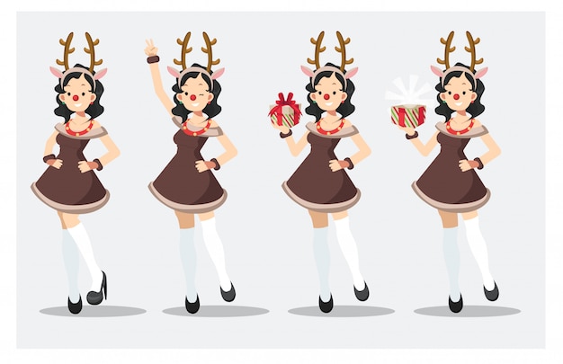 Set of cute pretty sexy woman in reindeer costume dress.