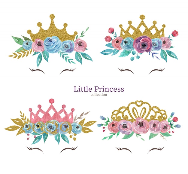 Vettore set di corone principessa carina con corona di mazzi di fiori dell'acquerello