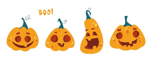 Set of cute Pumpkins with faces and a smile clipart Halloween monsters Vector illustration