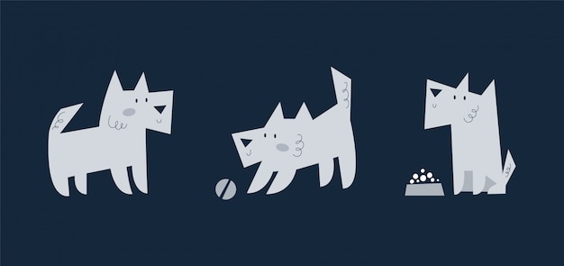 Set di simpatico cucciolo di cane di varie razze giocando, mangiando, camminando. collezione di animali da compagnia divertenti cartoni animati