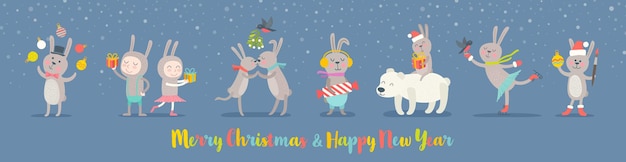 Set of cute rabbit cartoon characters and design elements for New year greeting card