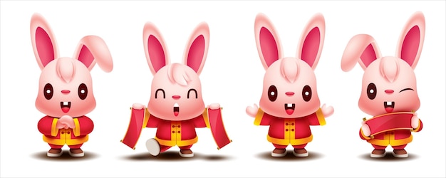 Set of cute rabbit cartoon greeting happy chinese new year 2023 the year of rabbit zodiac character