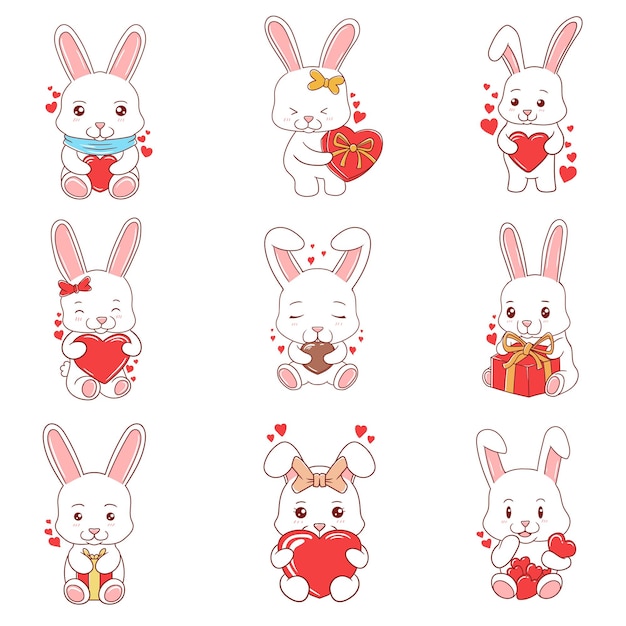 Vector set cute rabbit character vector illustration