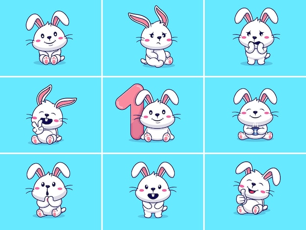 Set of cute rabbit characters with different emoticons