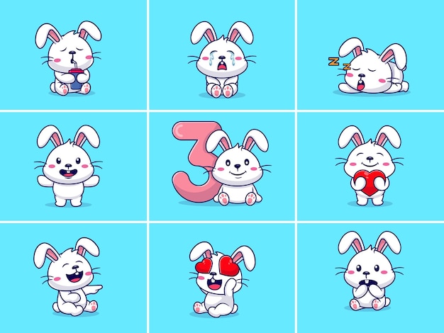 Set of cute rabbit characters with different emoticons