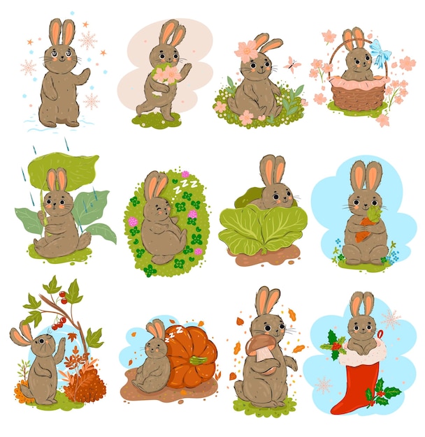 Set of cute rabbits isolated on white background Vector graphics