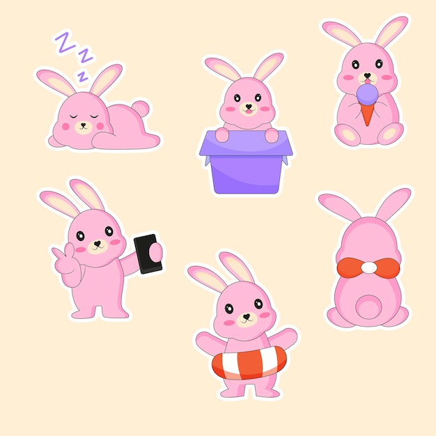 Set of cute rabbits with different emotions stickers perfect for kid's