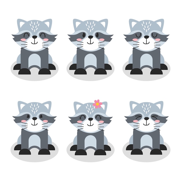 Set of cute raccoon character cartoon illustration flat design vector