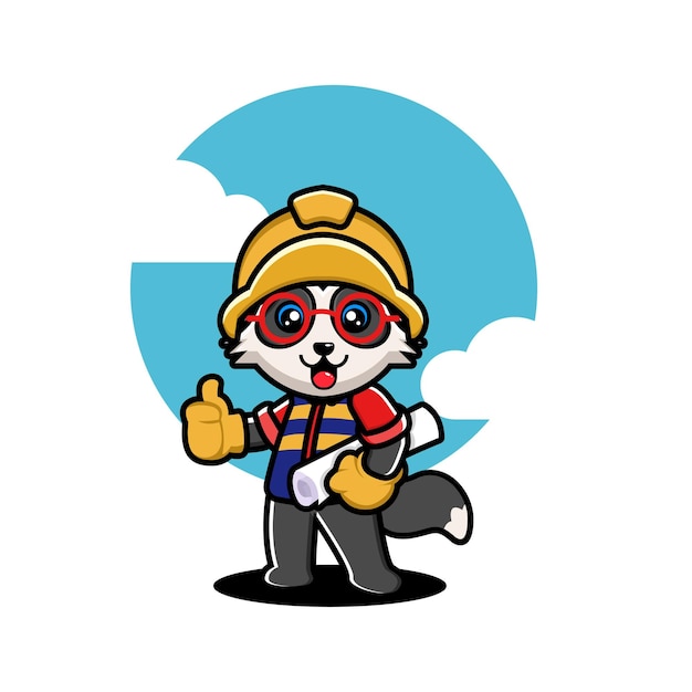 Set of cute raccoon construction worker cartoon