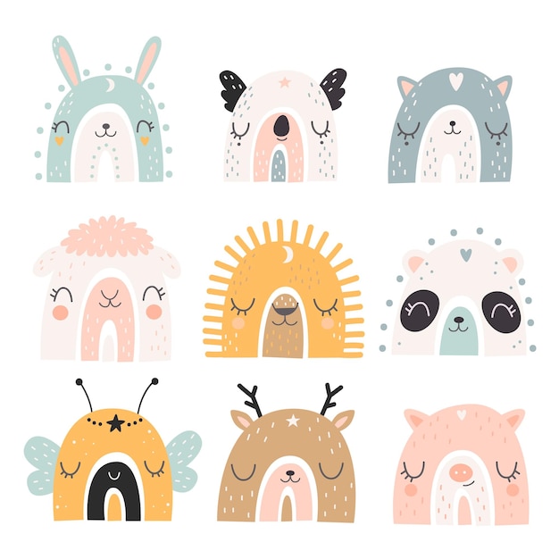 A set of cute rainbows with animal faces. Vector illustration