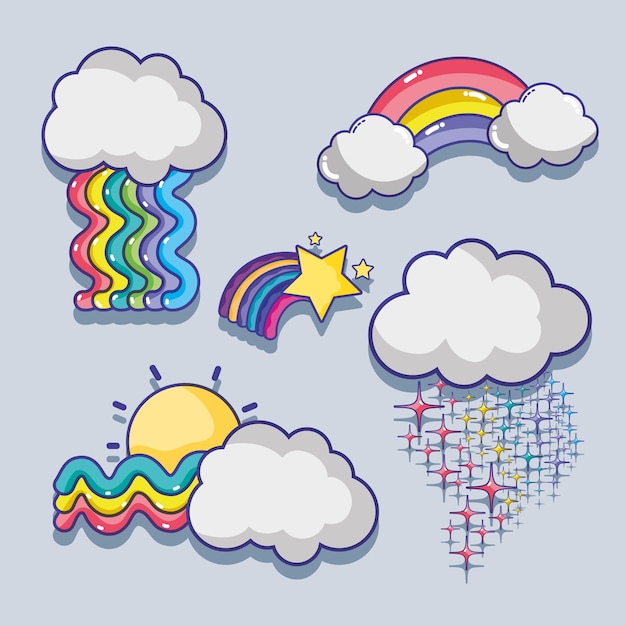 Set cute rainbows with clouds design
