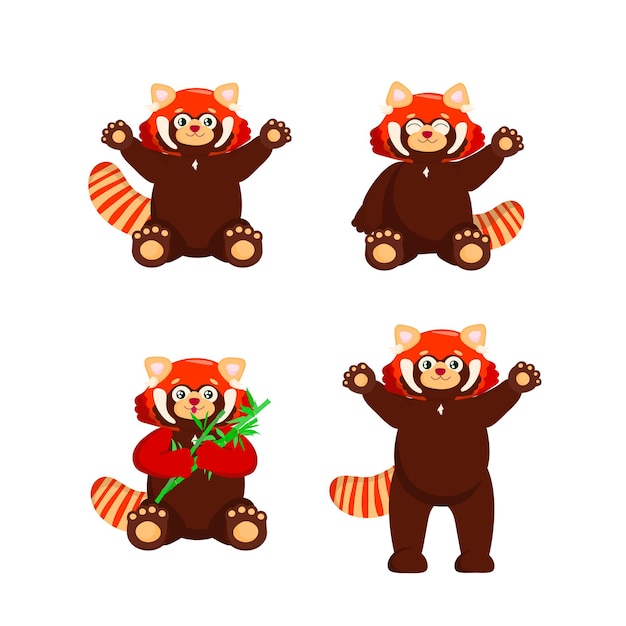 Set of cute red panda with bamboo little panda