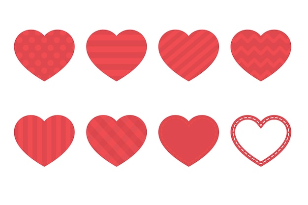 Set of cute red patterned heart icons Flat vector illustration