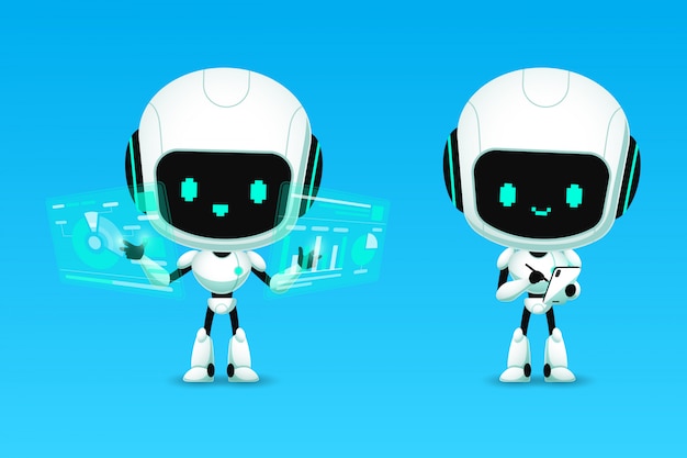 Set of cute robot ai character analyze and note action,