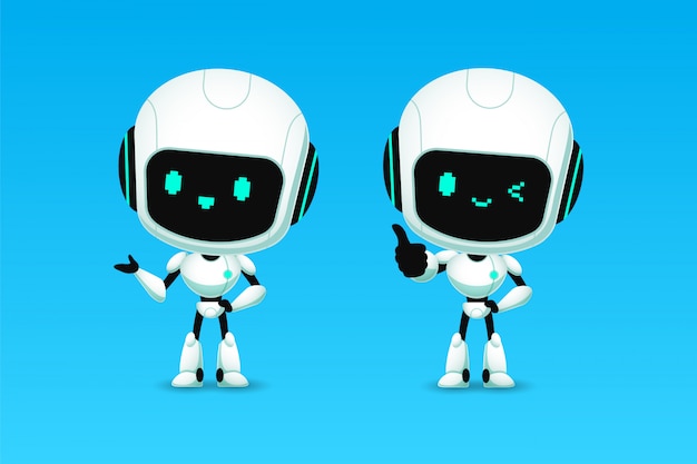 かわいいロボットaiキャラクターのセットが親指アップとプレゼンテーションを表示