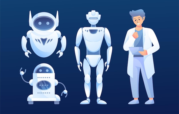 Vector set of cute robots and cartoon design vector ai technology and cyber characters futuristic technology service and communication artificial intelligence concept