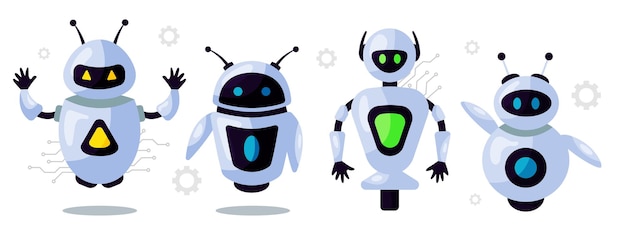 かわいいロボット チャットボット AI ボット キャラクター デザイン ベクトル AI 技術とサイバー キャラクターのセット 未来技術サービスと通信人工知能の概念