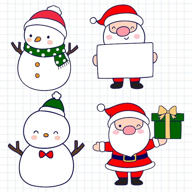 Набор симпатичных снеговиков и снеговиков Санта-Клауса, нарисованных вручную векторной иллюстрацией