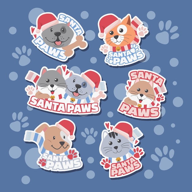 Vector set of cute santa paws stickers