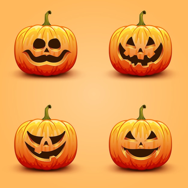 Set of cute and scary Halloween pumpkins. Autumn holiday vector illustration