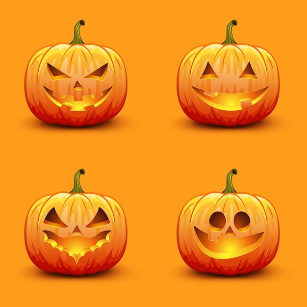 Set of cute and scary halloween pumpkins. autumn holiday vector illustration